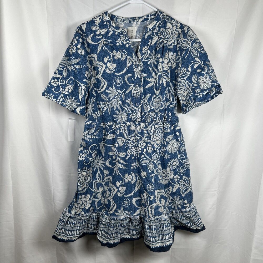 Joie Blue White Floral Button Front Puff Sleeve Ruffle Hem Mini Dress Size 12
